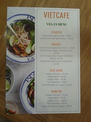 Vegan menu at VietCafe in Newcastle Upon Tyne