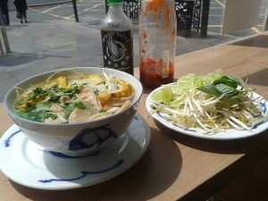 Vegan chicken PHO noodles with bean sprout salad at VietCafe in Newcastle Upon Tyne