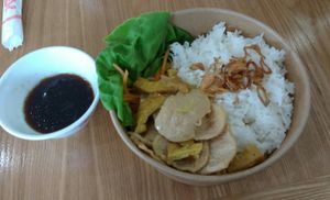 Rice bowl with vegan meats at VietCafe in Newcastle Upon Tyne