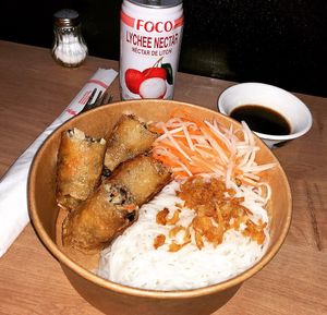 Spring roll noodle bowl at VietCafe in Newcastle Upon Tyne