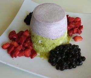 Vegan Green Tea and Taro Snow, With Boba and Strawberries at Vampire Penguin in Eureka