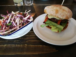 Seitan burger and slaw at Society Standard in Cardiff
