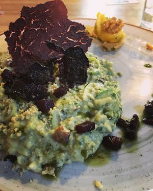 Risotto Raw de Couve Flor, queijo cremoso de Castanhas, Pesto e Crumesão, Texturas de beterraba acompanhado de brusqueta de Grão de Bico com Damasco  at Raw Porto Alegre in Porto Alegre