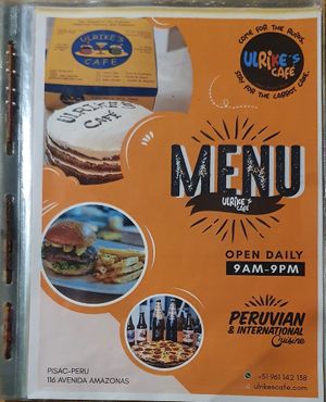 menu cover with the new address and opening hours  at Ulrike's Cafe in Calca