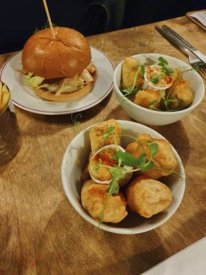 shawarma burger, banana blossom goujons and facon poppers at Two Wolves Kitchen in Brighton