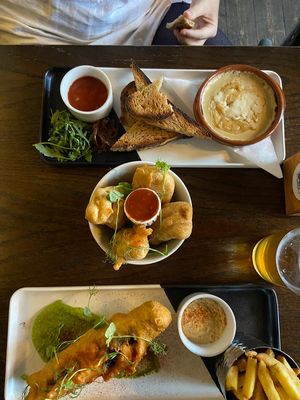 Melted “camembert”, jalapeño poppers and “fish” and chips!   at Two Wolves Kitchen in Brighton