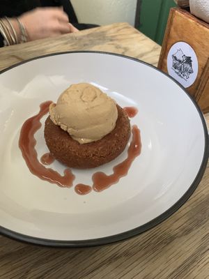 Deep fried donut, marmite & peanut butter ice cream, fruit coulis  at Two Wolves Kitchen in Brighton