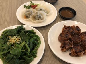 Side dish: from top clockwise, dumpling, shrimp roll, emperor veggie  at Truly Vegetarian in Central Singapore