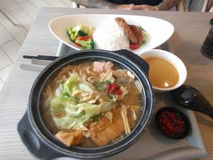 bak kut teh mushroom soup and curry with vegetables and mock pork cutlets. All mediocre at Truly Vegetarian in Central Singapore