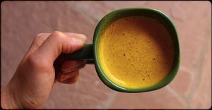 G O L D E N mylk elixir to nourish and reset you on a Monday! We make ours from our slow brewed antioxidant rich chaga mushroom tea, fresh coconut milk, ginger, anti-inflammatory rich turmeric, spices, and a dash of white pepper. Served hot and creamy or over ice. #goldenmylk #dairyfree #chaga #purejoykitchen #tumerictonic #chagamushroom #elixir at Pure Joy Kitchen in Bend