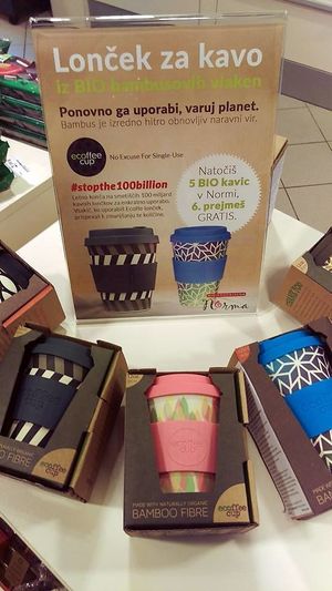 Ecoffee reusable coffee cups at Bio Prodajalna Norma in Celje