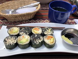 Vegan sushi with cashew cheese  at Sacred Sushi and Curry Sunday in Pisac