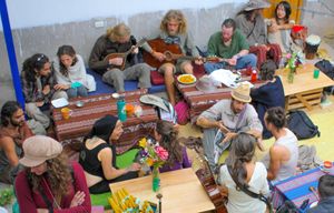The back patio at Sacred Sushi and Curry Sunday in Pisac