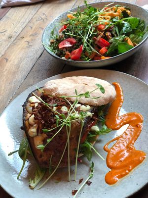 Delicious Eggplant Burger and mixed salad bowl  at The Garden Plate in Lismore