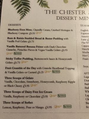 Dessert menu at The Chester Arms in Chicheley