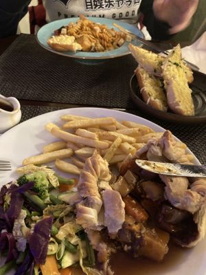 Root vegetable pie and the pasta dish with garlic bread.   at The Chester Arms in Chicheley