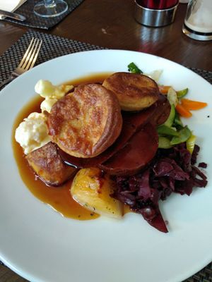 Roast home made seitan . York puds , caul cheese etc... vegan sunday lunch at The Chester Arms in Chicheley