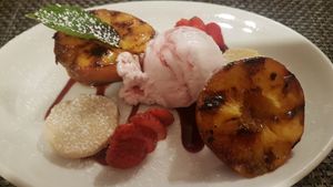 Baked peaches and shortbread at The Chester Arms in Chicheley