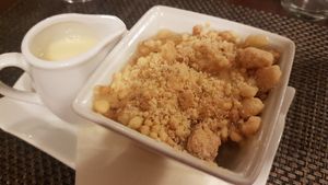 Apple and peach crumble with vegan custard at The Chester Arms in Chicheley