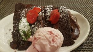 Chocolate fudge cake with raspberry soya icecream at The Chester Arms in Chicheley