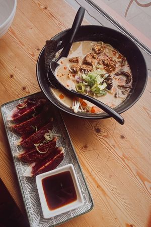 Vegan ramen and beetroot gyoza  at Ramen Momo in Reykjavik