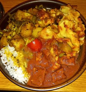 (in a clockwise direction starting with the rice): white rice, lentil dal, baked potatoes with beans, vegan lasagna, sauce with tofu and zucchini at Govinda's - North City in Dublin