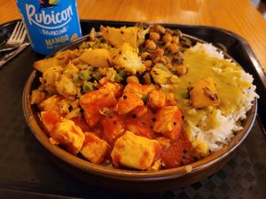 My "small plate" filled with rice, tofu in sauce, daal, potato curry, chickpea and spinach curry - yum! at Govinda's - North City in Dublin