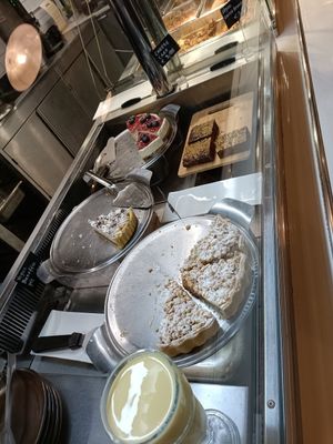 Vegan desert selection bottom left apple pie, top left banoffee and bottom right carob brownie at Govinda's - North City in Dublin