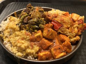 ‘Small plate’ of vegan lasagne, potato & green beans dish, tofu dish, & brown rice with daal  at Govinda's - North City in Dublin
