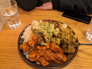Large plate with brown rice, tofu curry, potato curry, daal, with vegetable gratin at Govinda's - North City in Dublin