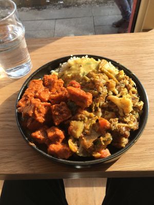 Mixture of Dahl, tofu, veg and cauliflower potato dish   at Govinda's - North City in Dublin