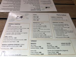 Drinks menu at Moagem in Aljezur