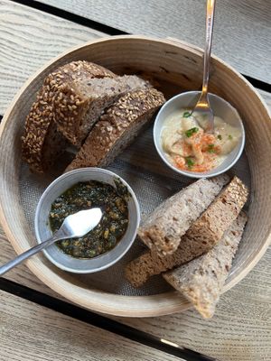 Starter with hummus, bread and olive dip  at Moagem in Aljezur