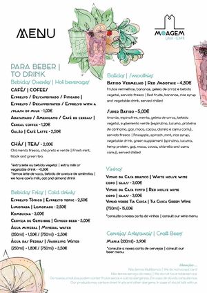 Menu Loja-Café (bebidas/drinks) at Moagem in Aljezur