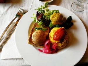 Dish of the day: grilled tofu with mustard sauce, broccoli and millet at Moagem in Aljezur