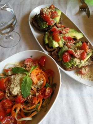 Zucchini salad with mint dressing 
Avocado on toast at Moagem in Aljezur