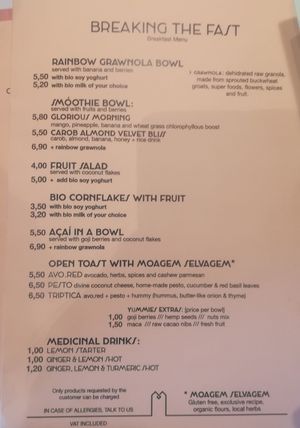 Breakfast menu at Moagem in Aljezur