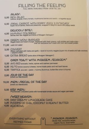 Menu at Moagem in Aljezur