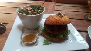Burger and salad (mushroom and seeds) : tasty! at Moagem in Aljezur