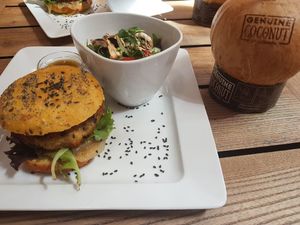 Vegan Burger and cocunut water at Moagem in Aljezur