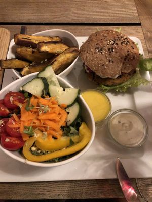 Vegan burger! Best sweet potatoes with mayo ever! at Moagem in Aljezur