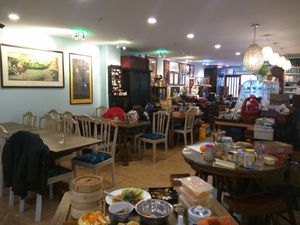 Inside seating at Liutaio Music Cafe & Shop in Cambridge