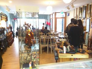 Inside seating at Liutaio Music Cafe & Shop in Cambridge