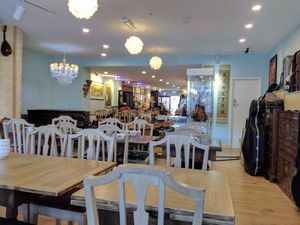 Inside seating at Liutaio Music Cafe & Shop in Cambridge