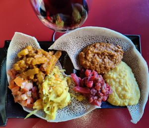 Vegan platter, potato, cabbage, lentils, beetroot,chickpea at Addis Ethiopian Kitchen in Helsinki