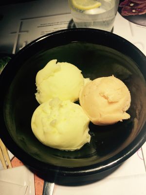 Lovely vegan sorbet lemongrass and lime with one oink guava and passion fruit. Yum! at Wagamama in Dartford