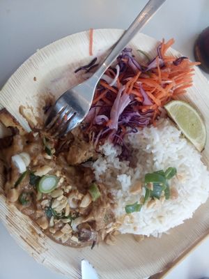 Satay with peanut sauce and rice at V-Box in Ghent