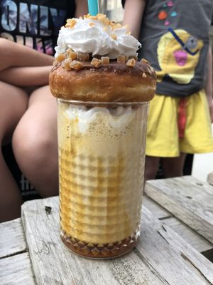 Banana Caramel Freakshakes with chocolate orange donut at V-Box in Ghent