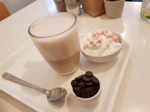 Hot chocolate with whipped cream and marshmallows at V-Box in Ghent