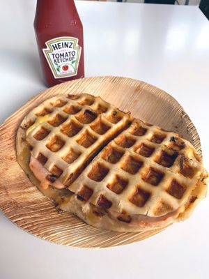 Cheesy croque monsieur style waffle sandwich   at V-Box in Ghent